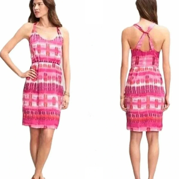 Banana Republic 100% Silk Twist Strap Pink Ikat Dress with Pockets Size 2 NWT - Picture 1 of 10
